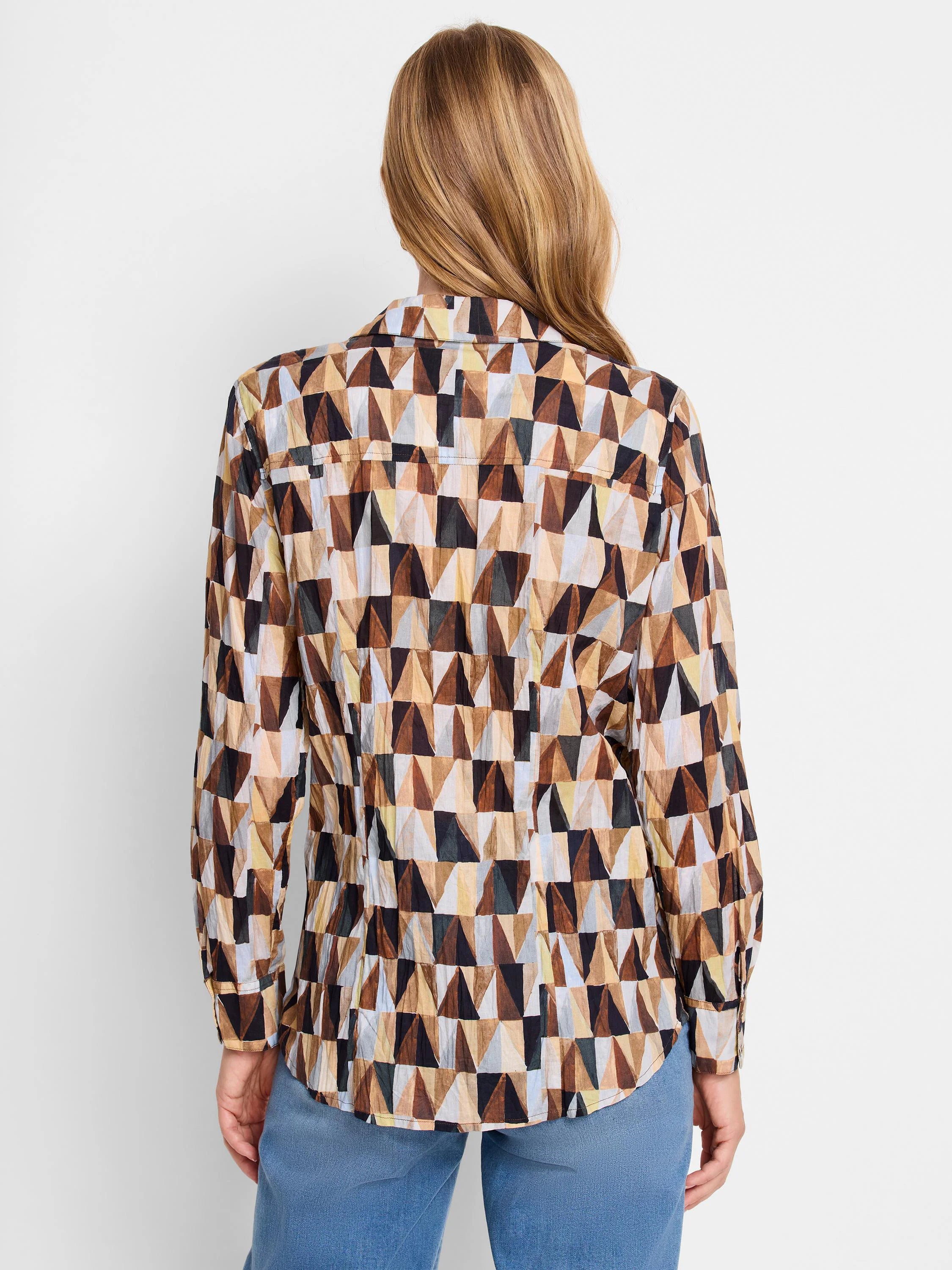Long-sleeve collared shirt; brown, tan, beige, and gray geometric triangle pattern.