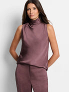 Mauve sleeveless satin top; cowl neck;  smooth, shiny fabric.