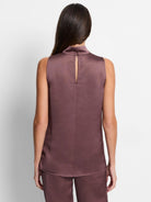 Here's alt text for the image, keeping it concise and accessible:

"Mauve satin tank top, sleeveless, high neck, keyhole...