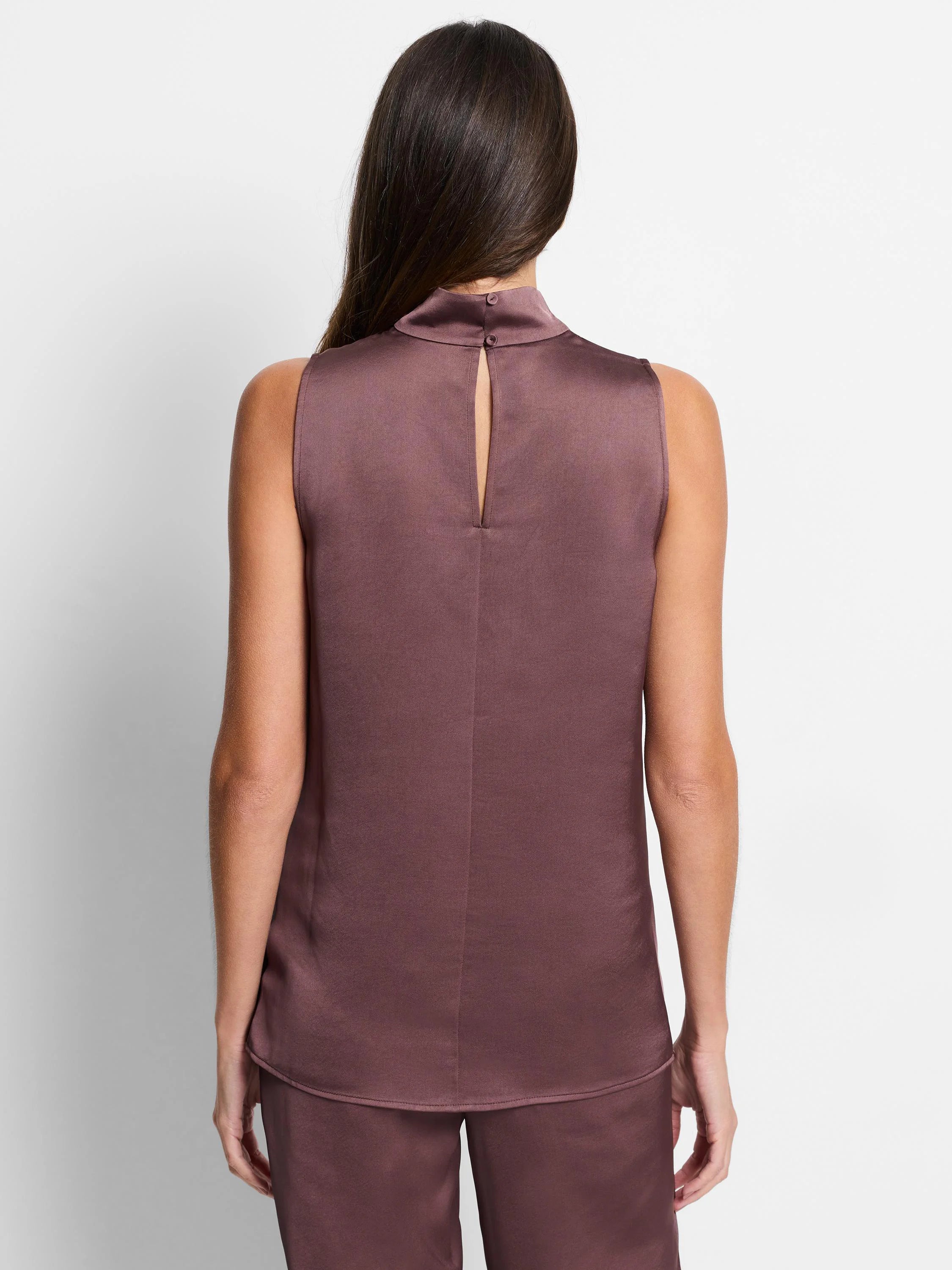 Here's alt text for the image, keeping it concise and accessible:

"Mauve satin tank top, sleeveless, high neck, keyhole...