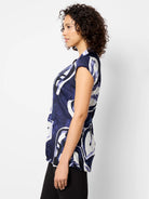 Short-sleeved top, navy blue base with off-white and purple watercolor vine print.