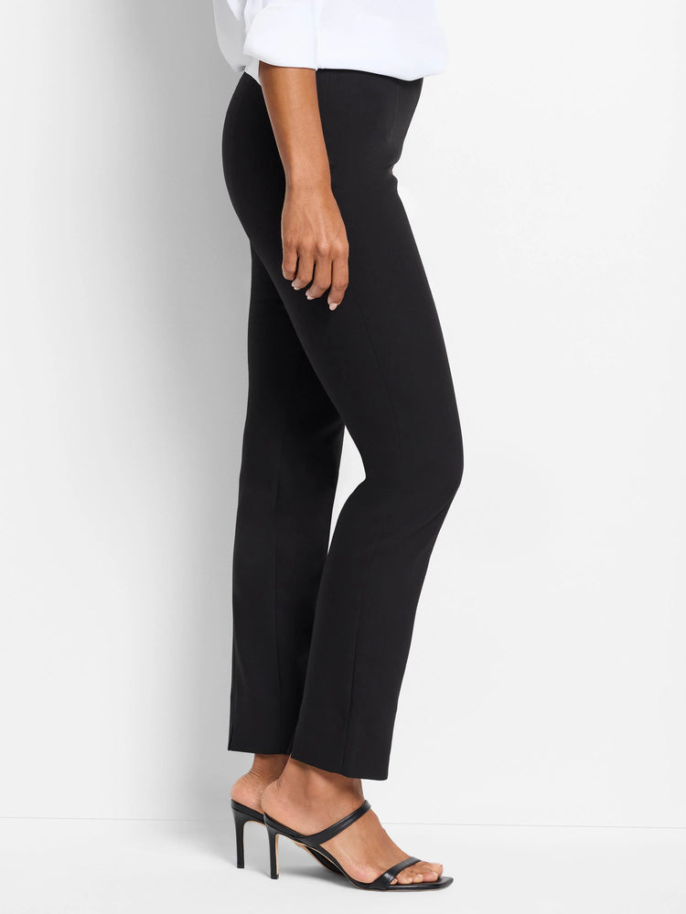 Black slim-leg pull-on pants shown on a model.  Straight leg, mid-rise.
