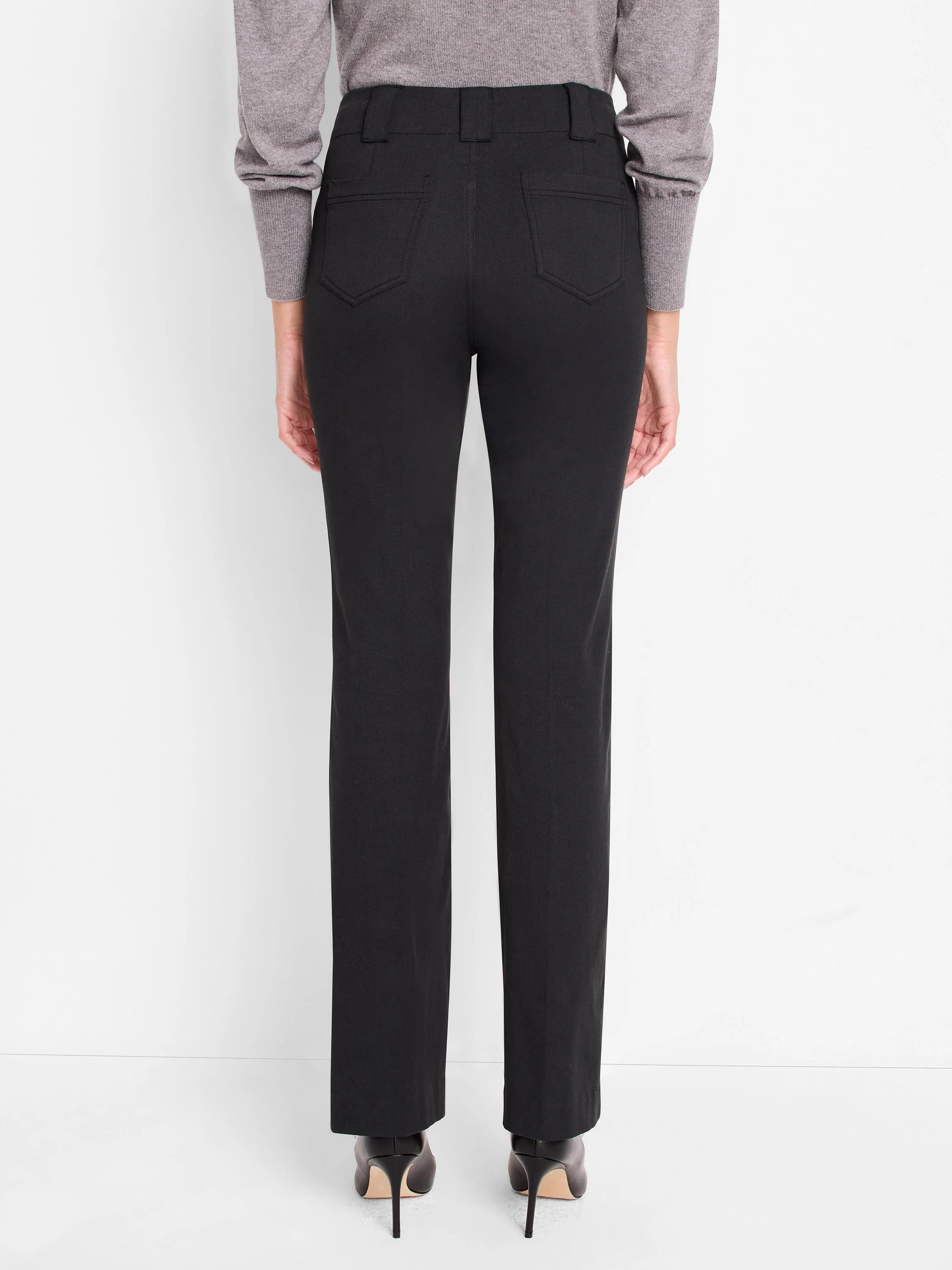 Black straight-leg pants; back view.  Features two back pockets.