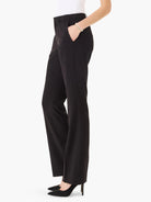 Black bootcut trousers; side view shows straight legs, slightly flared at the ankle.