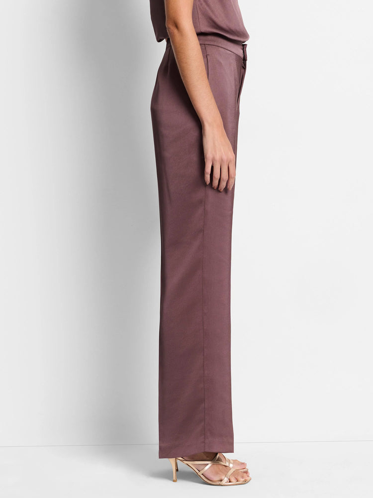 Mauve wide-leg pants;  straight, full length. Center seam visible.  Model wears rose gold heels.