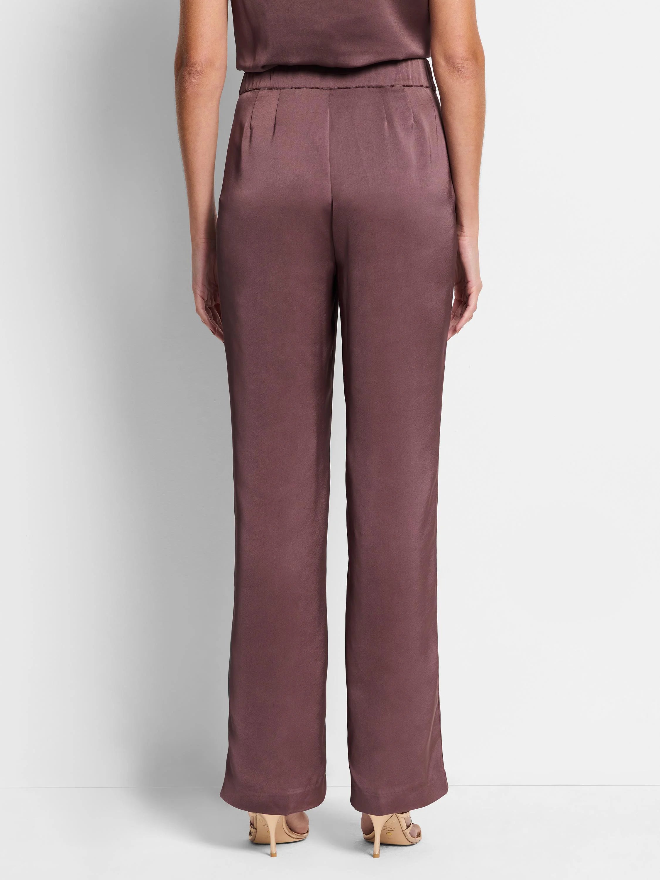 Here's alt text for the image, suitable for visually impaired users:

"Mauve wide-leg pants; satin-like fabric;...