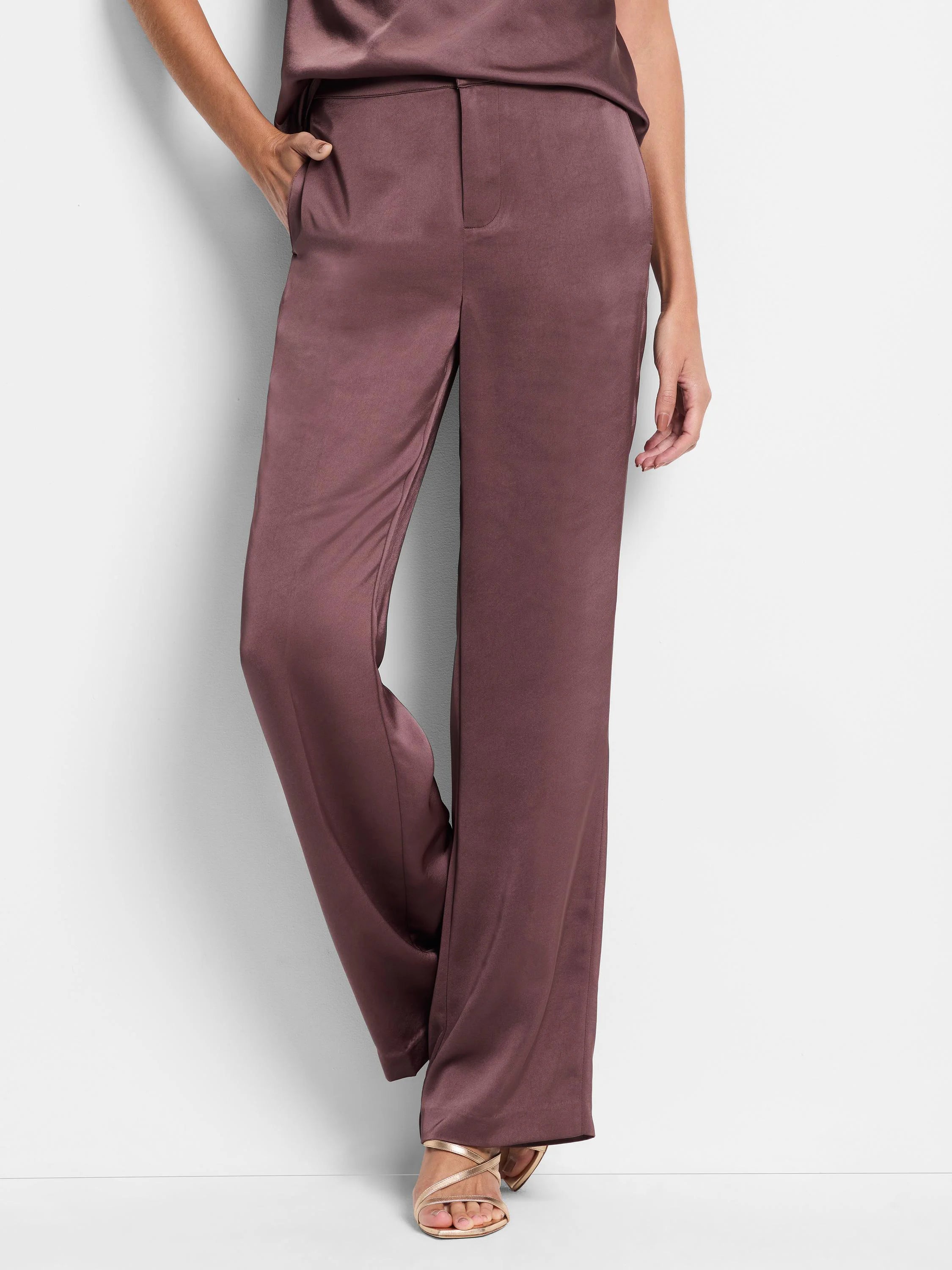 Mauve satin wide-leg pants.  High-waisted, with a center front closure.