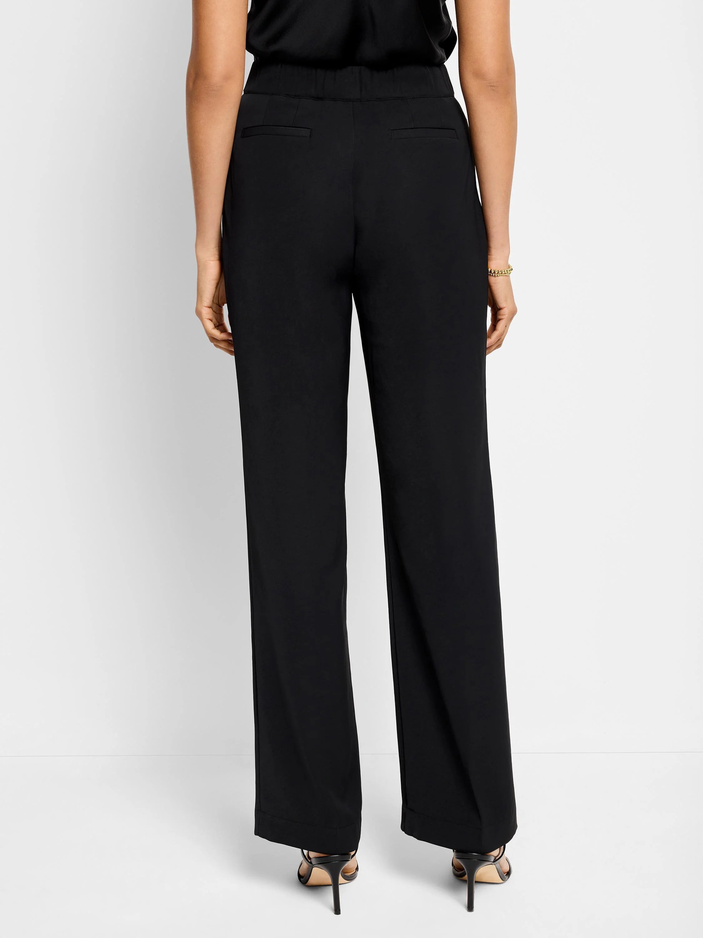 Here's alt text for the image, under 125 characters:

Black wide-leg trousers, shown from the back.  Elastic waistband,...