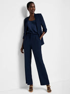 Navy blue wide-leg trousers;  model shown wearing them with a navy blazer and top.