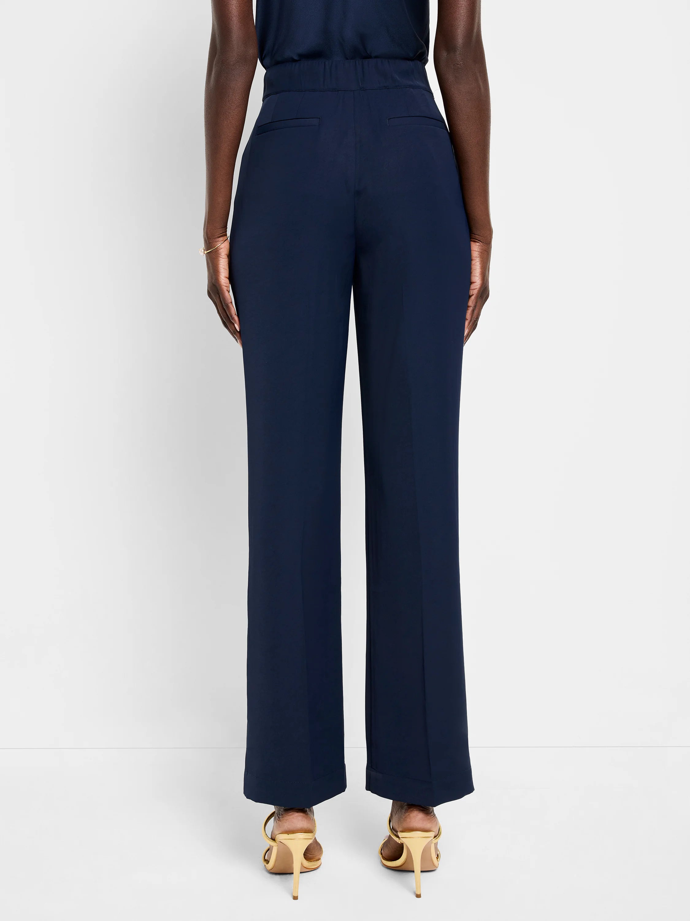Here's alt text for the image, following your specifications:

"Navy blue wide-leg trousers; back view.  Elastic...