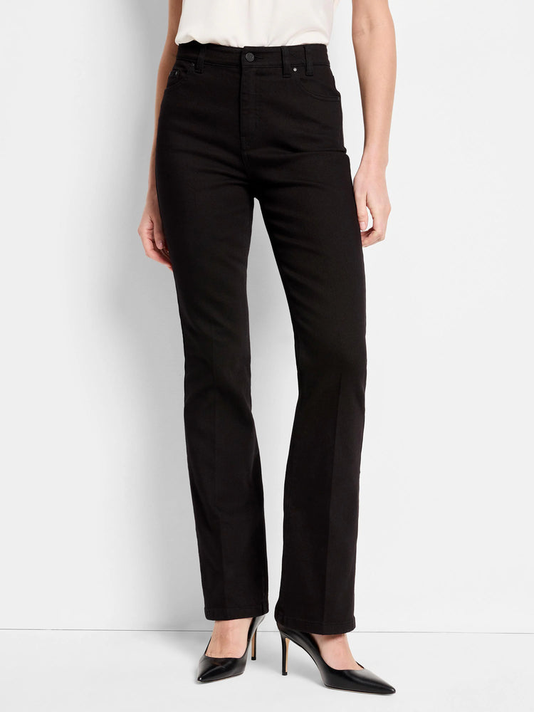 Black bootcut jeans; high-rise waist; model wears black heels.