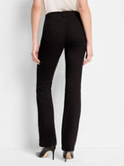 Black bootcut jeans; high-rise waist; back view.