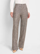 Wide-leg pants in taupe tweed with subtle black flecks.  High-waisted, straight leg.