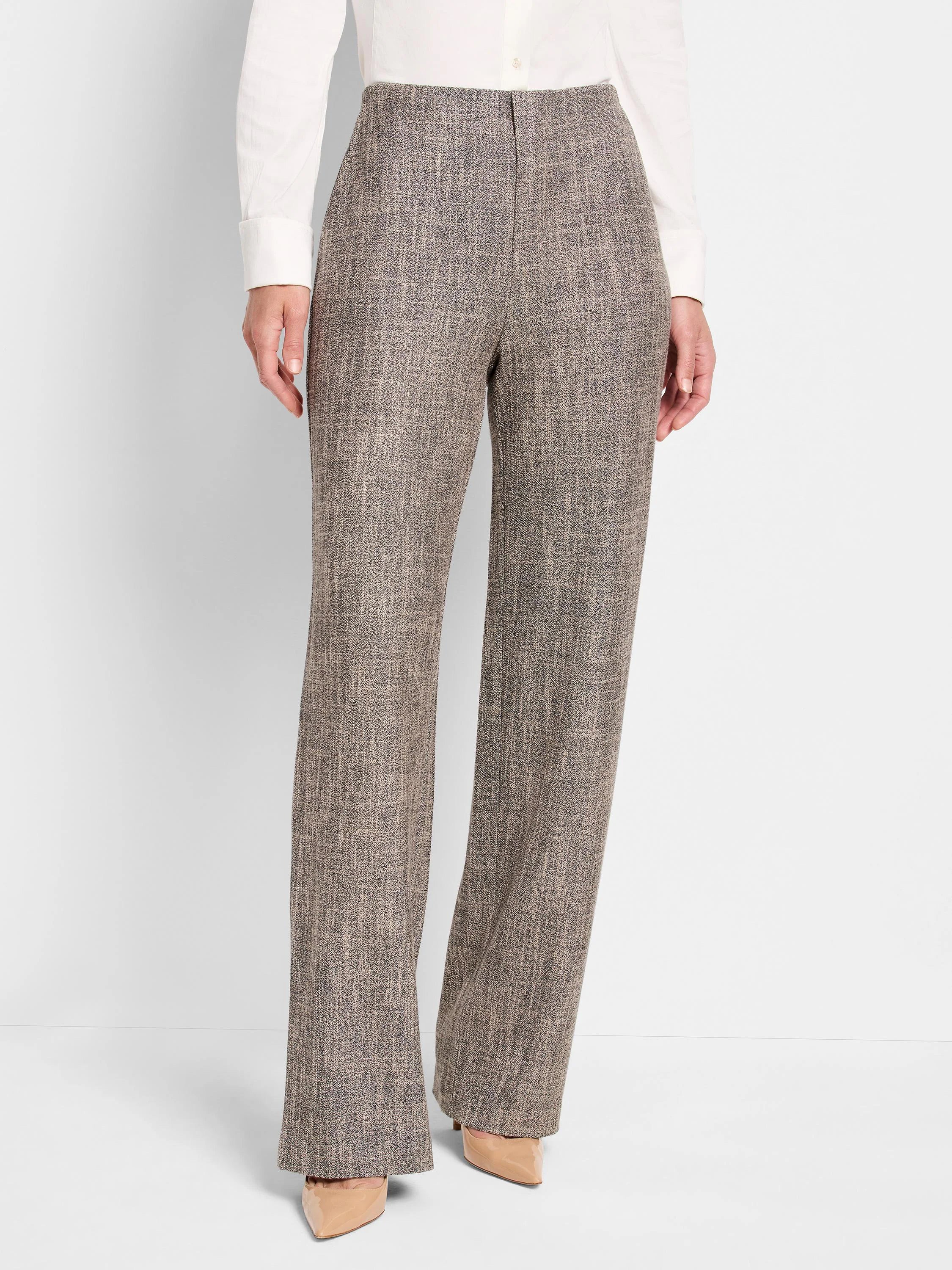 Wide-leg pants in taupe tweed with subtle black flecks.  High-waisted, straight leg.