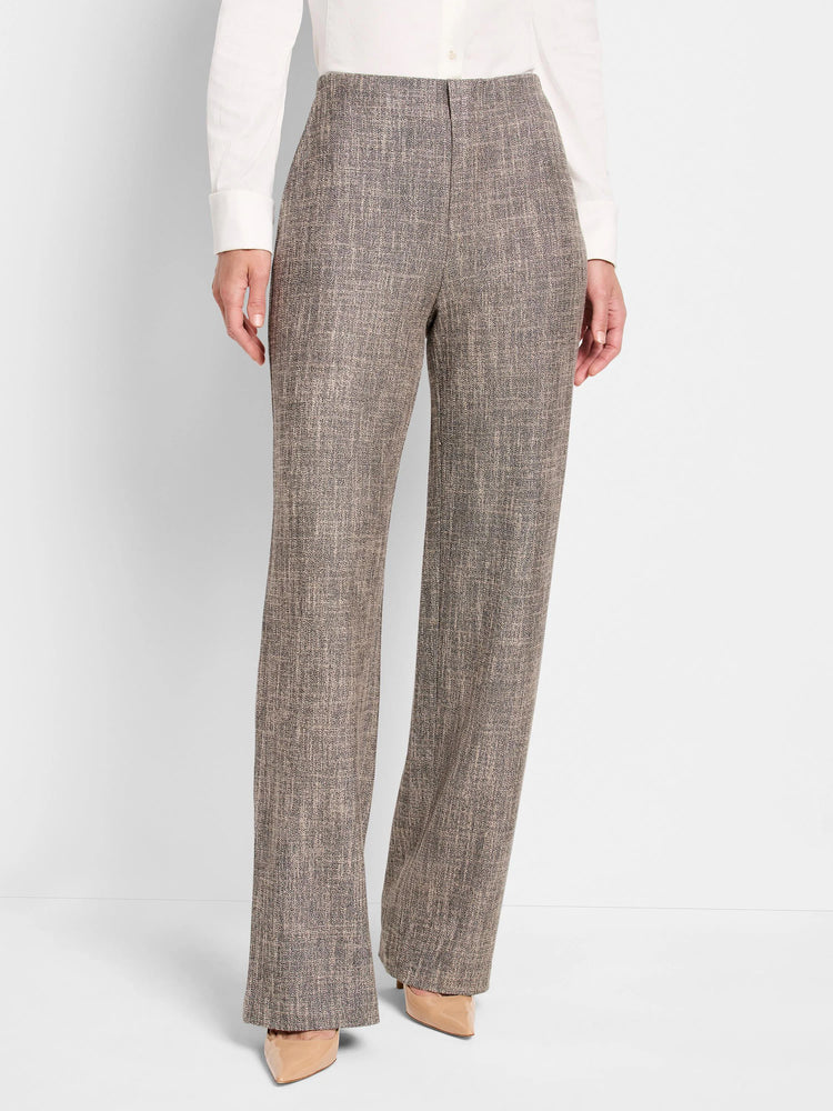 Wide-leg pants in taupe tweed with subtle black flecks.  High-waisted, straight leg.