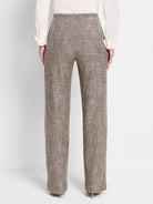 Here's alt text under 125 characters:

Beige tweed wide-leg pants;  subtle black flecks in fabric. Rear view.