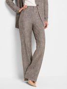 Gray tweed wide-leg pants;  subtle beige/brown flecks. High-waisted, straight leg silhouette.