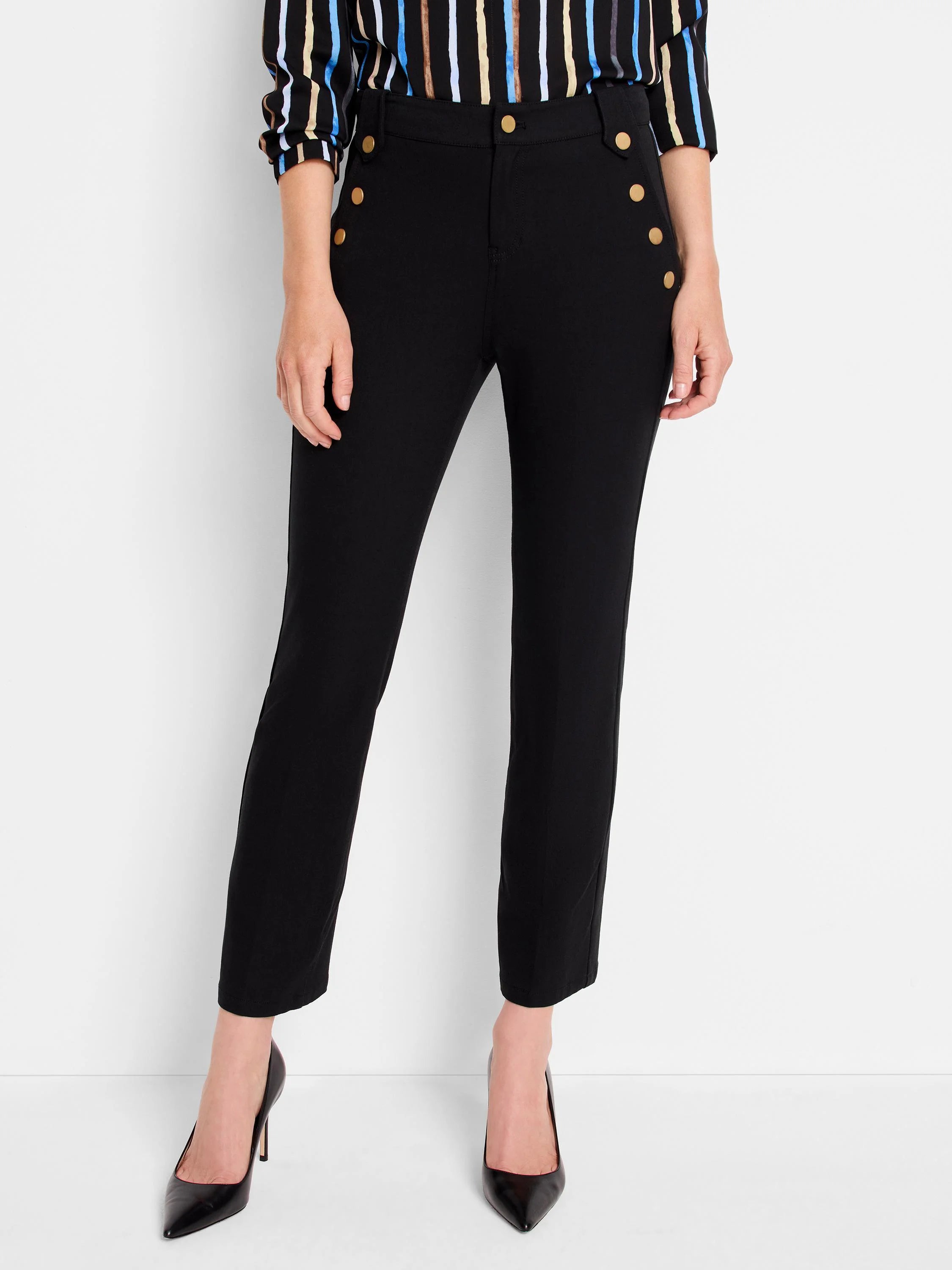 Black cropped pants; gold buttons down side seams.  7/8 length.
