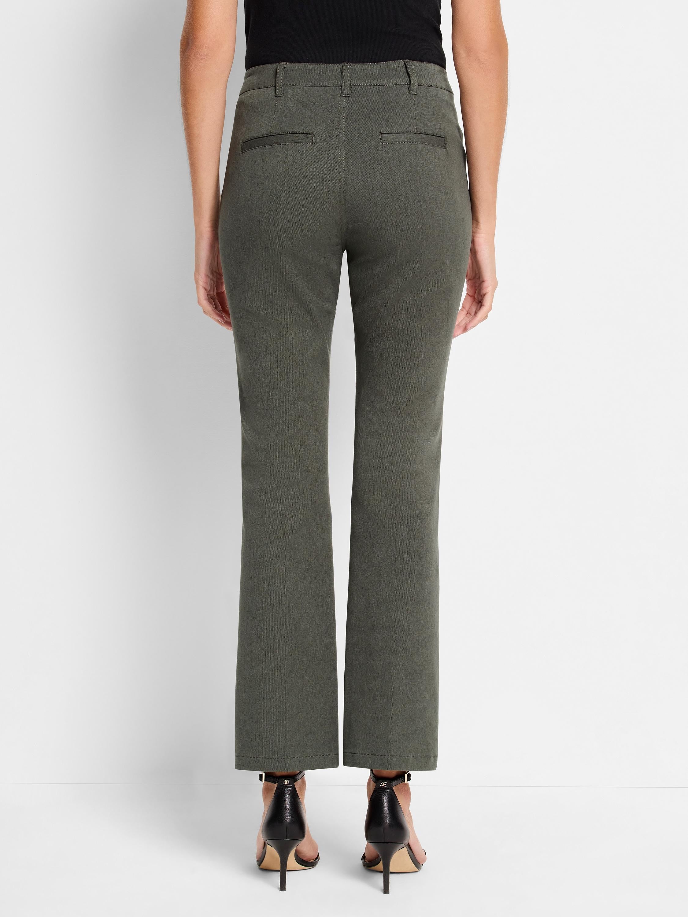 Dark olive green, cropped bootcut pants; back view.  Features include a waistband and back pockets.
