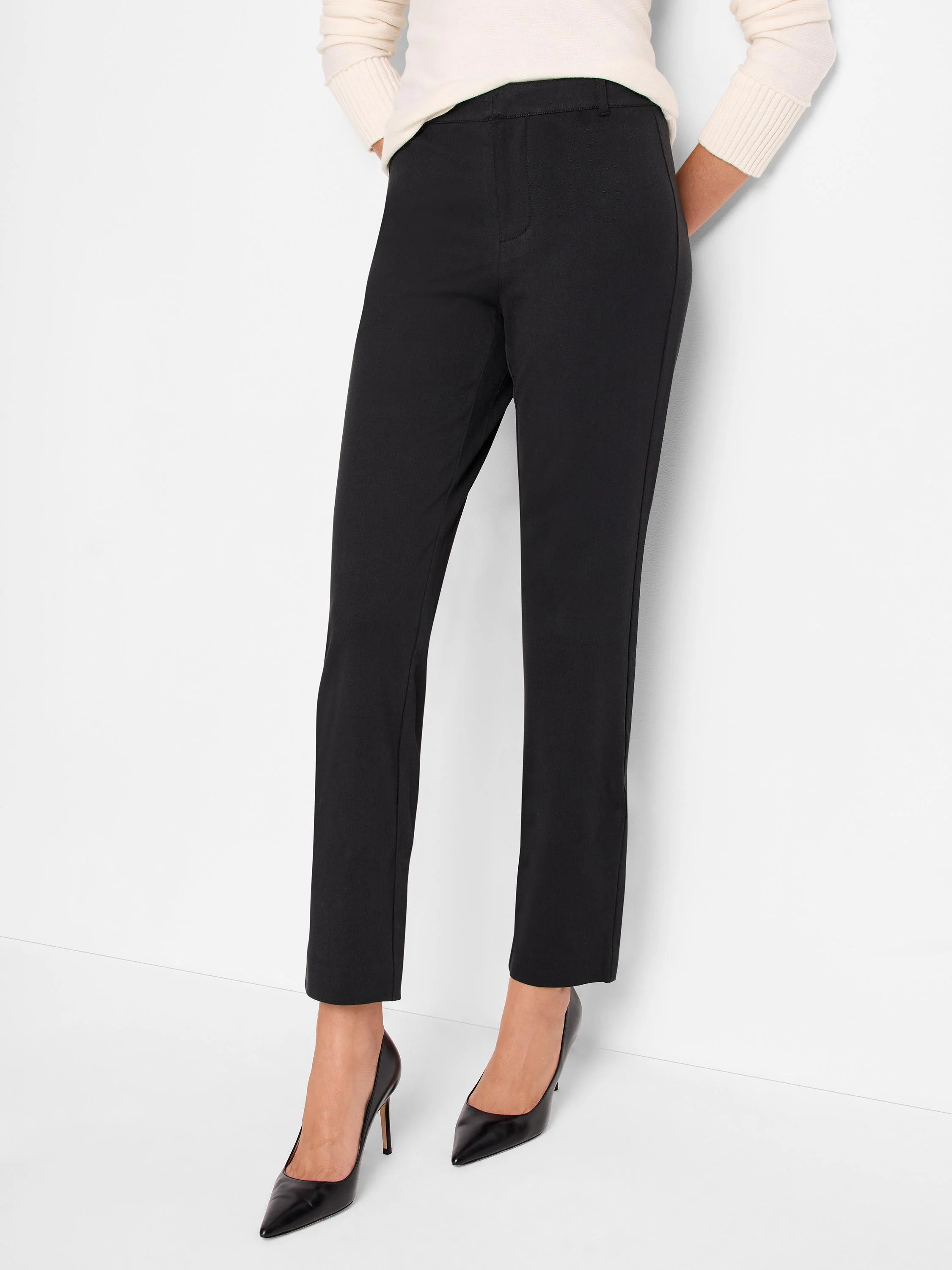 Black straight-leg pants with a flat front and subtle side pockets, ending at the ankle.