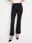 Black bootcut pants; pull-on style.  Slight flare at ankle.