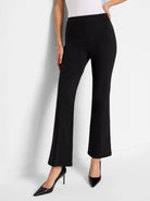 Black bootcut pull-on pants; mid-rise waist.