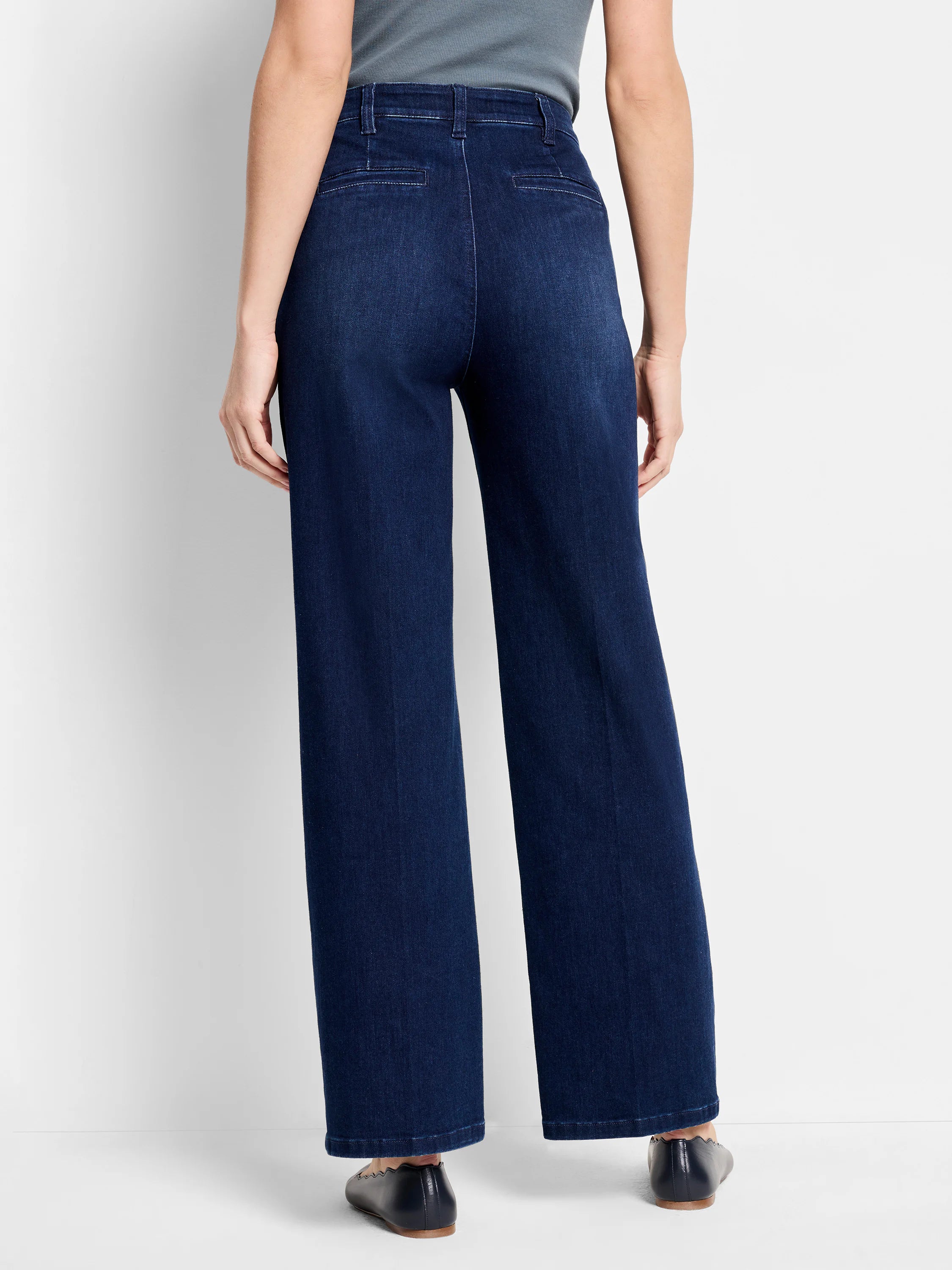 Dark wash, wide-leg jeans; back view.  High-waisted with visible back pockets.