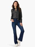 Dark wash bootcut jeans with subtle side panels.