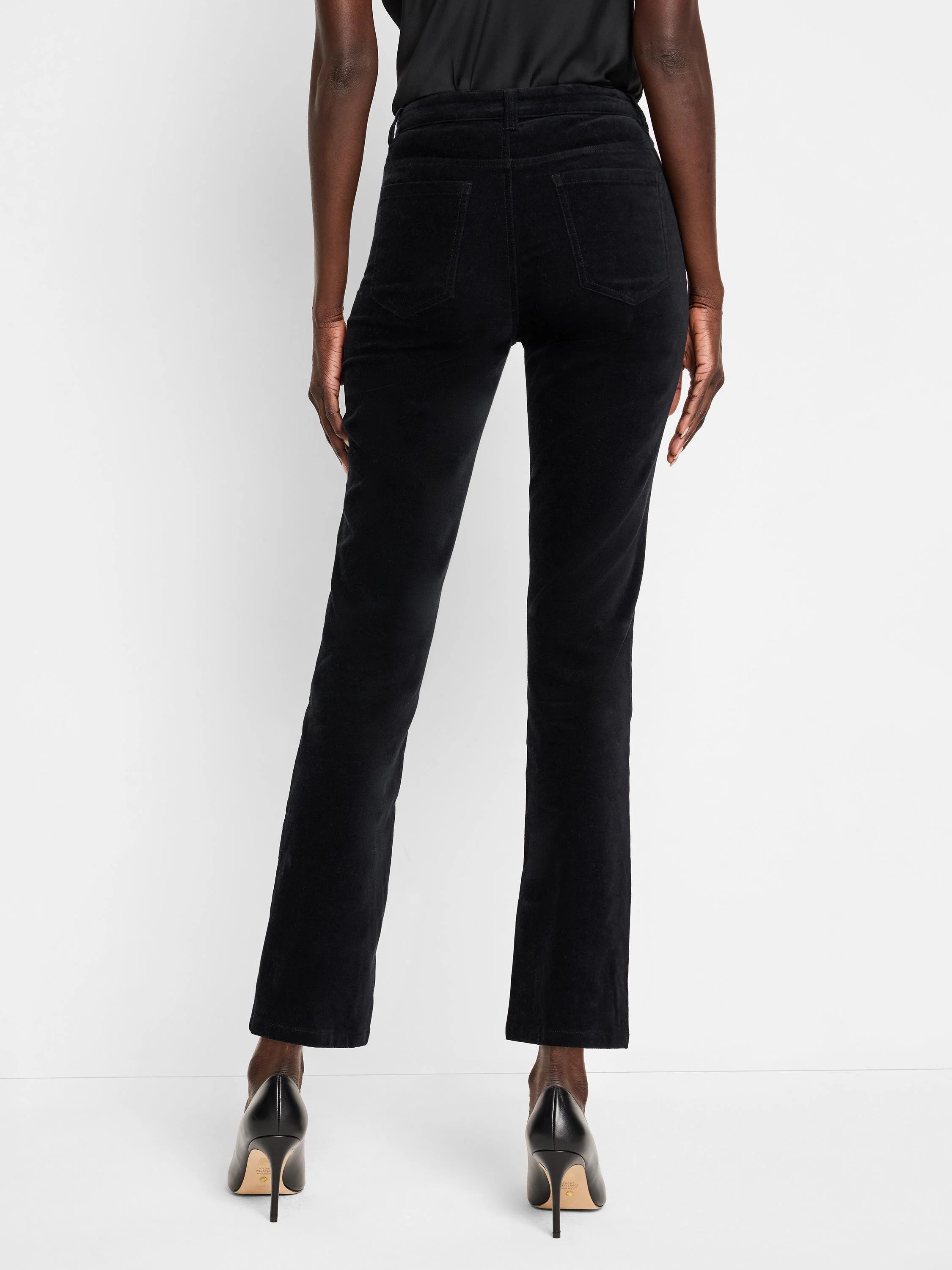 Black velvet ankle pants, straight leg.  Back view.