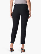 Black straight-leg pants, cropped at the ankle.  Features back pockets.