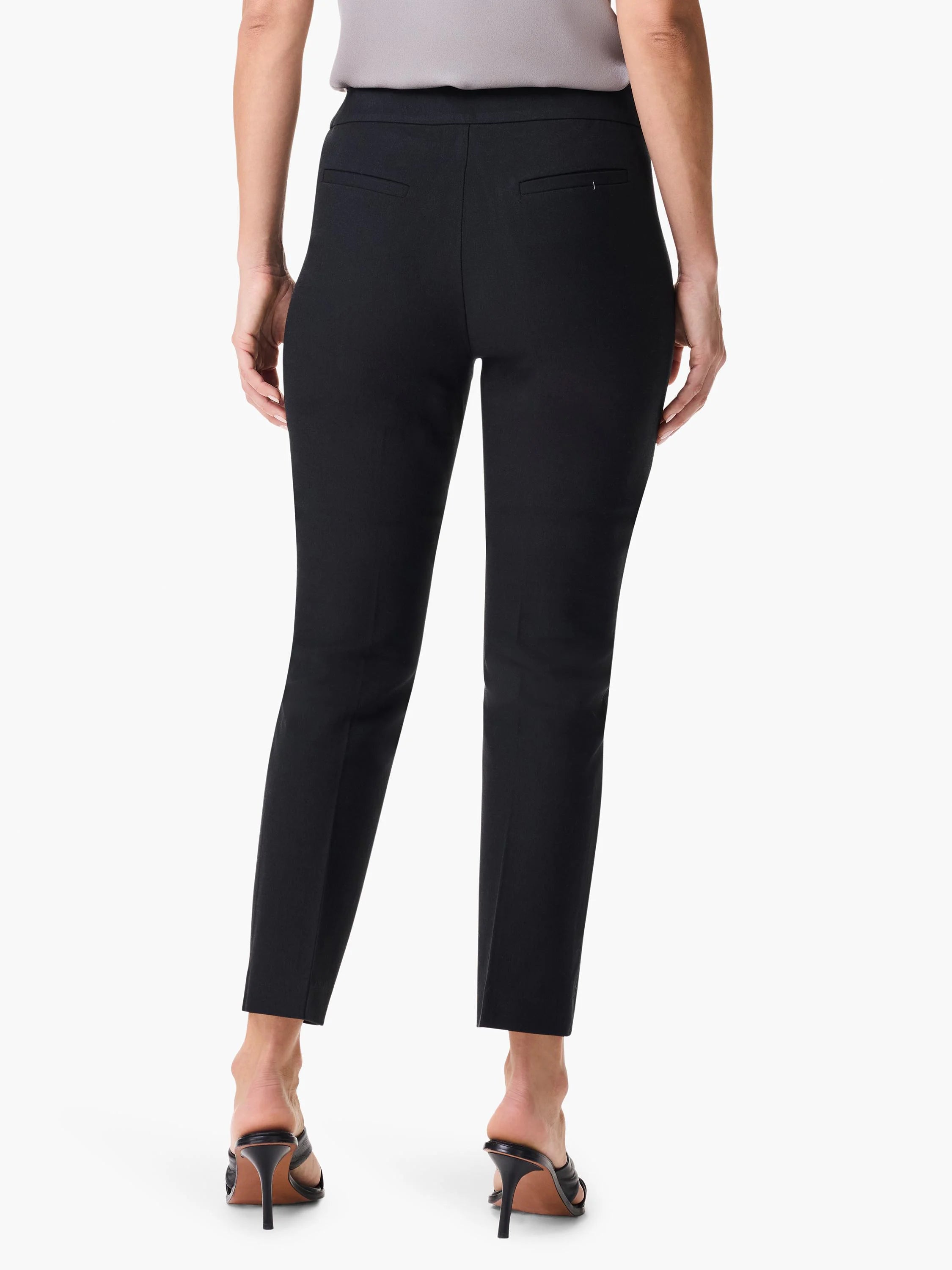 Black straight-leg pants, cropped at the ankle.  Features back pockets.