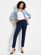 Navy blue straight-leg pants;  model is wearing them with light blue jacket & dark heels.  Two-button closure visible.