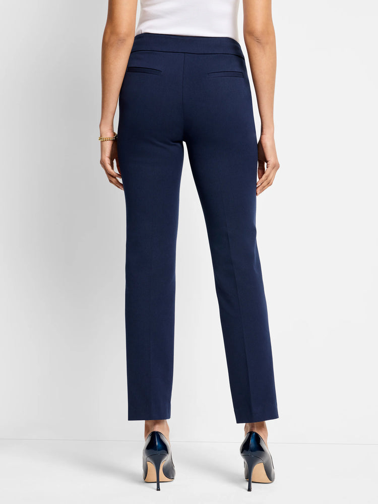 Here's alt text under 125 characters:

Dark navy blue straight-leg pants; back view.  Features two back pockets.