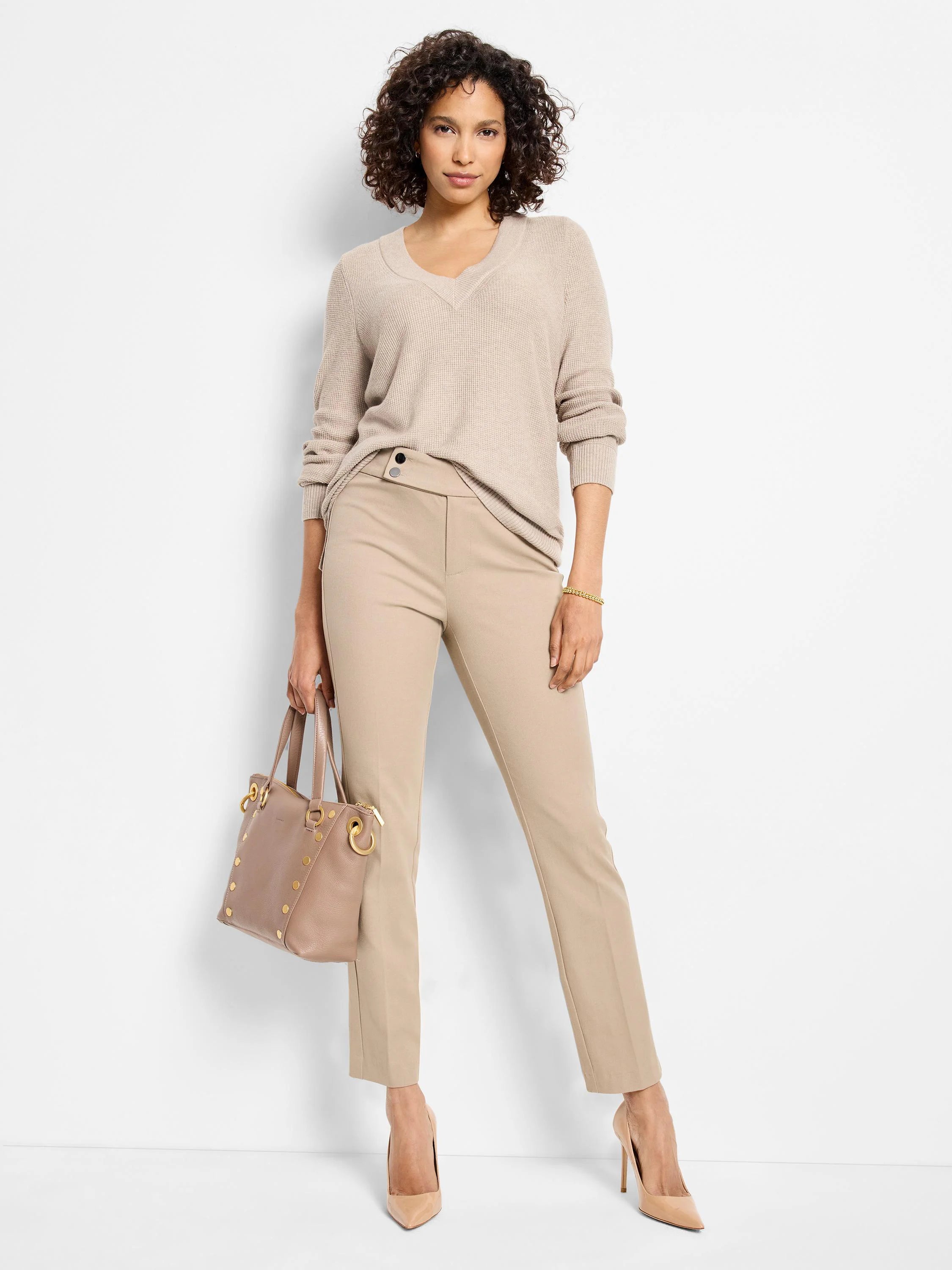 Beige straight-leg pants;  model wears light beige top & shoes.