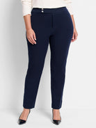 Navy blue straight-leg pants;  flat front, three silver buttons at waistband.