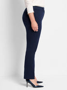 Dark navy blue straight-leg pants;  side view.  The pants have a mid-rise waist and a button closure.