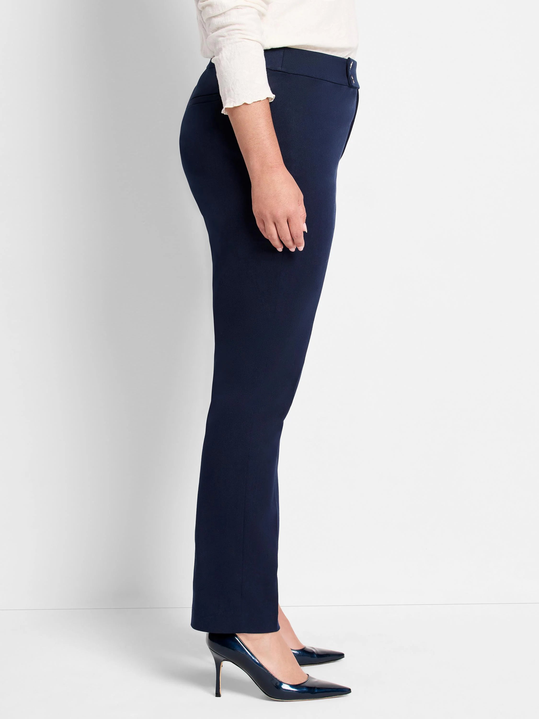 Dark navy blue straight-leg pants;  side view.  The pants have a mid-rise waist and a button closure.