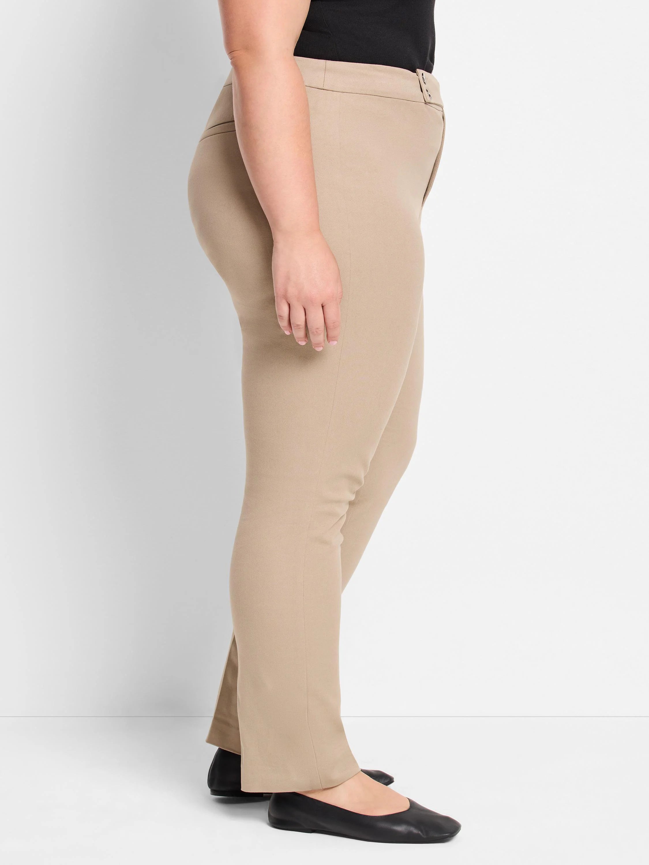 Beige straight-leg pants; side view shows a mid-rise waist and a slightly tapered leg.  The pants have a zip fly.