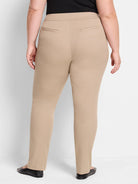 Beige straight-leg pants; back view shows two back pockets.