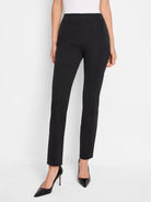 Black pull-on pants, slim fit,  straight leg, subtle seam detail.