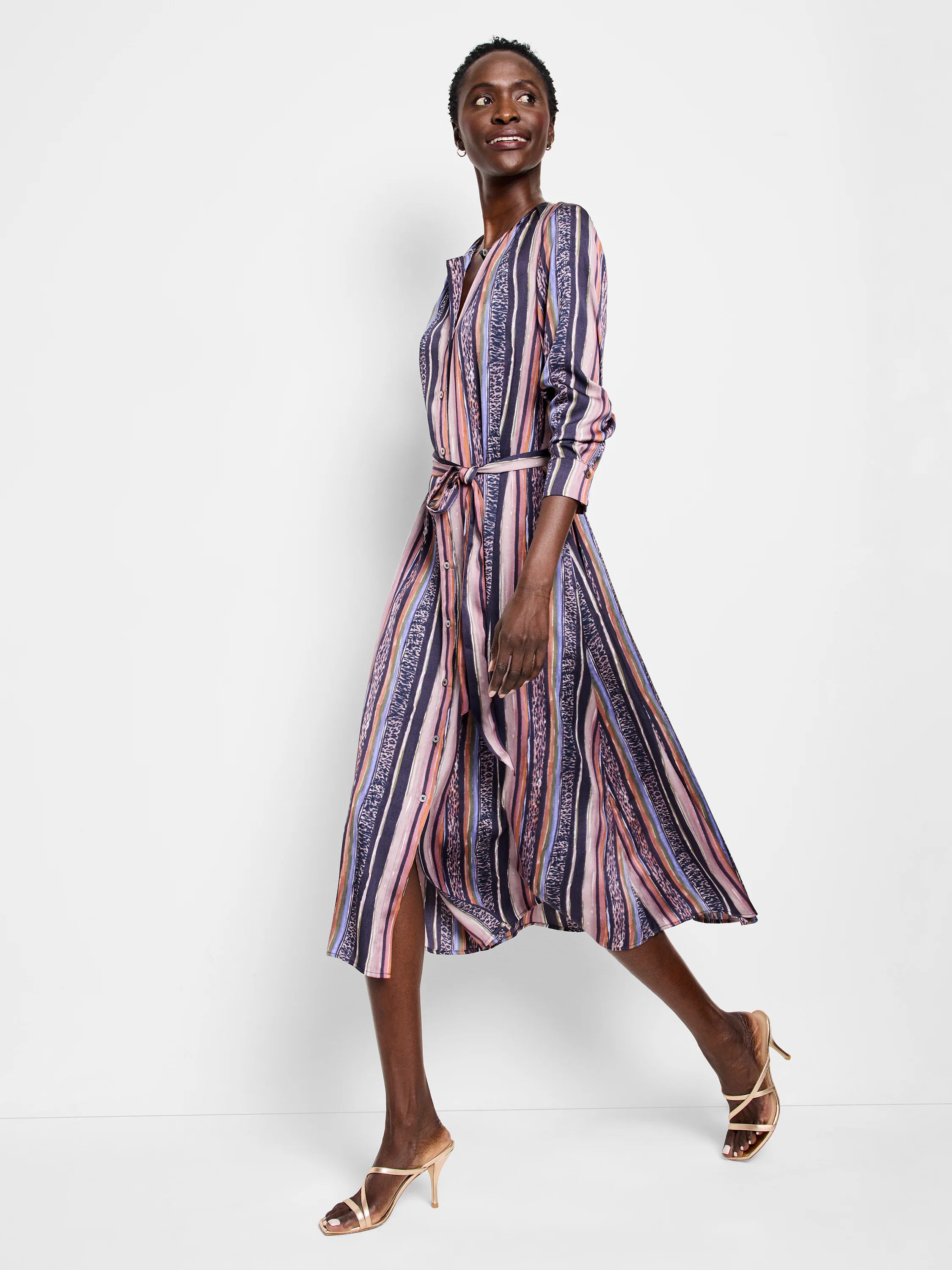 Midi shirt dress, vertical stripes in pink, purple, blue, and dark gray.  Features a belt.