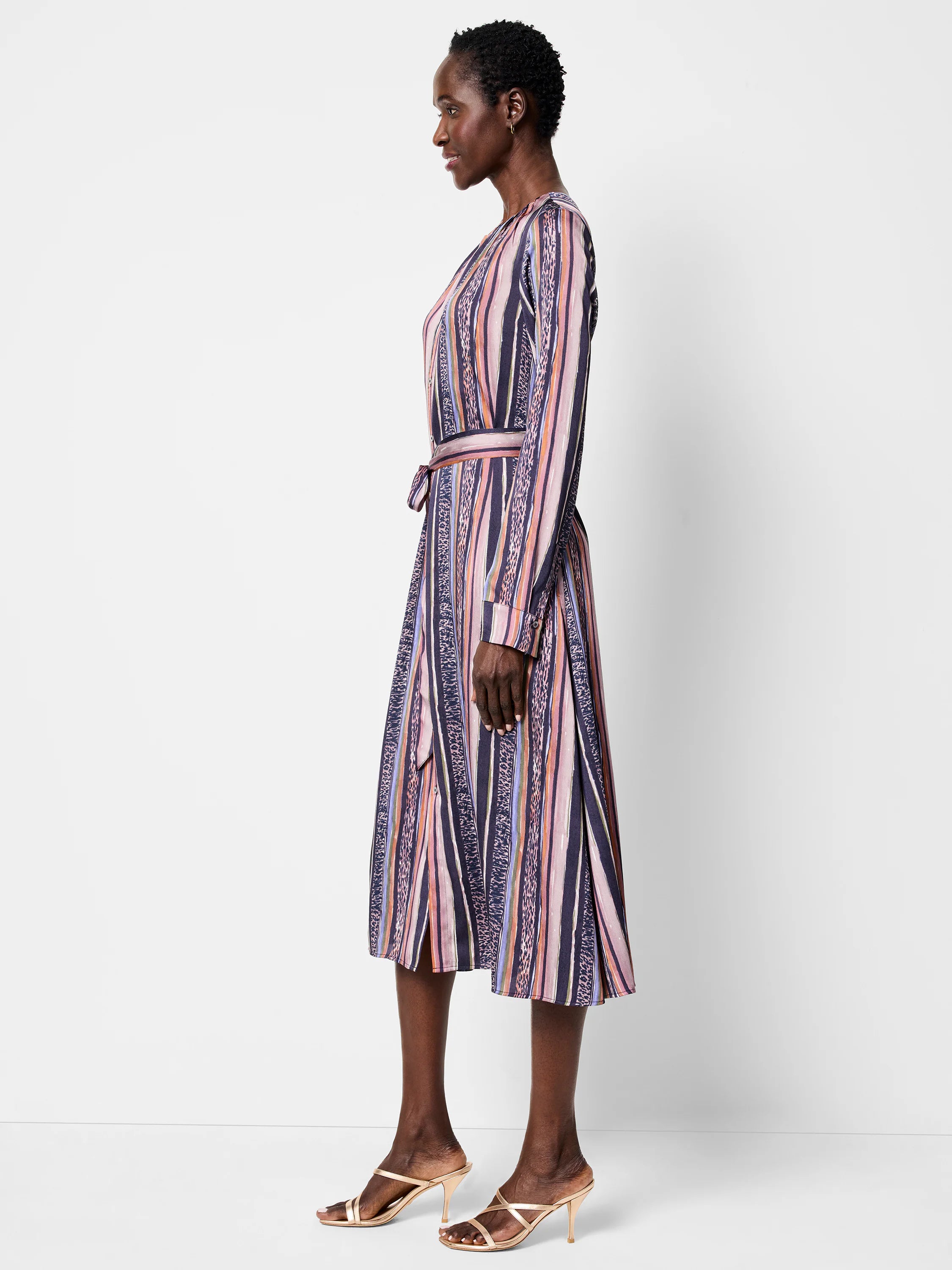 Midi-length dress with vertical stripes in pink, orange, purple, and dark blue.  Features a self-tie belt.