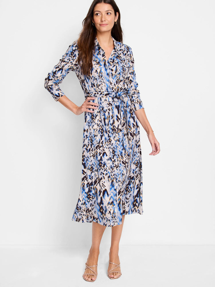 Midi shirt dress, blue, brown, and beige chevron print.  Long sleeves, belted waist.