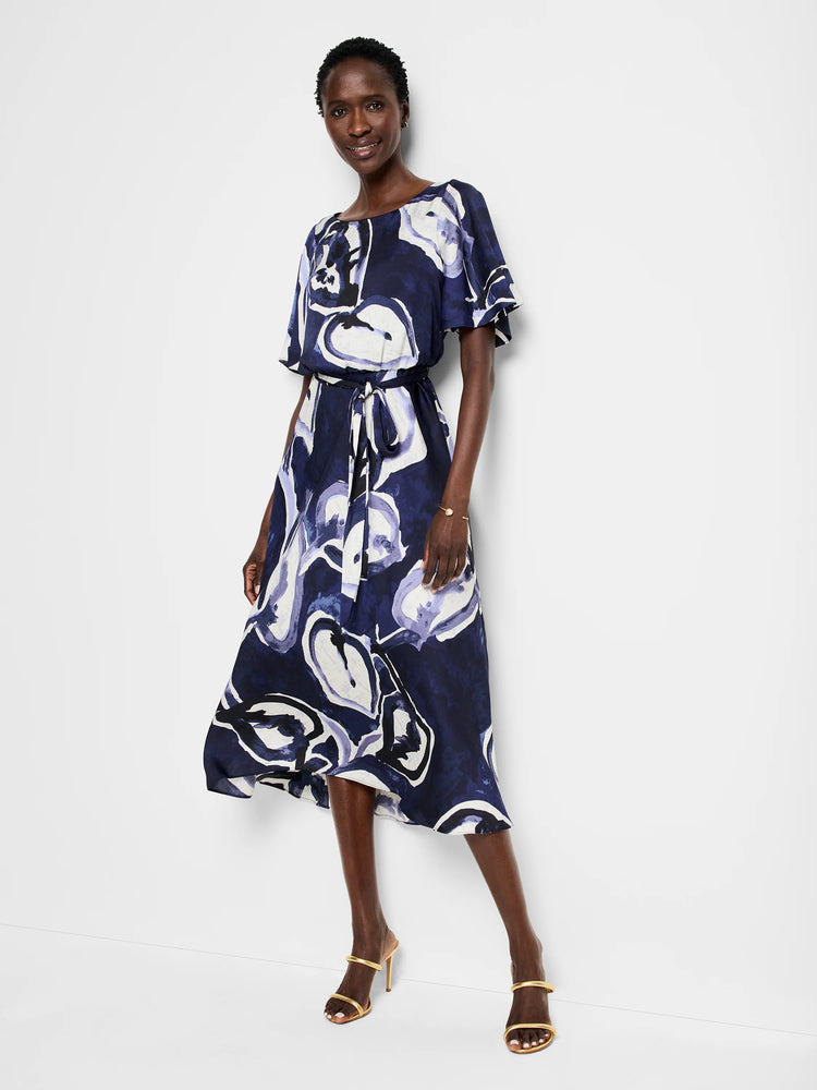 Navy, purple, and white watercolor vine print midi dress; short flutter sleeves; belted waist; high-low hemline.