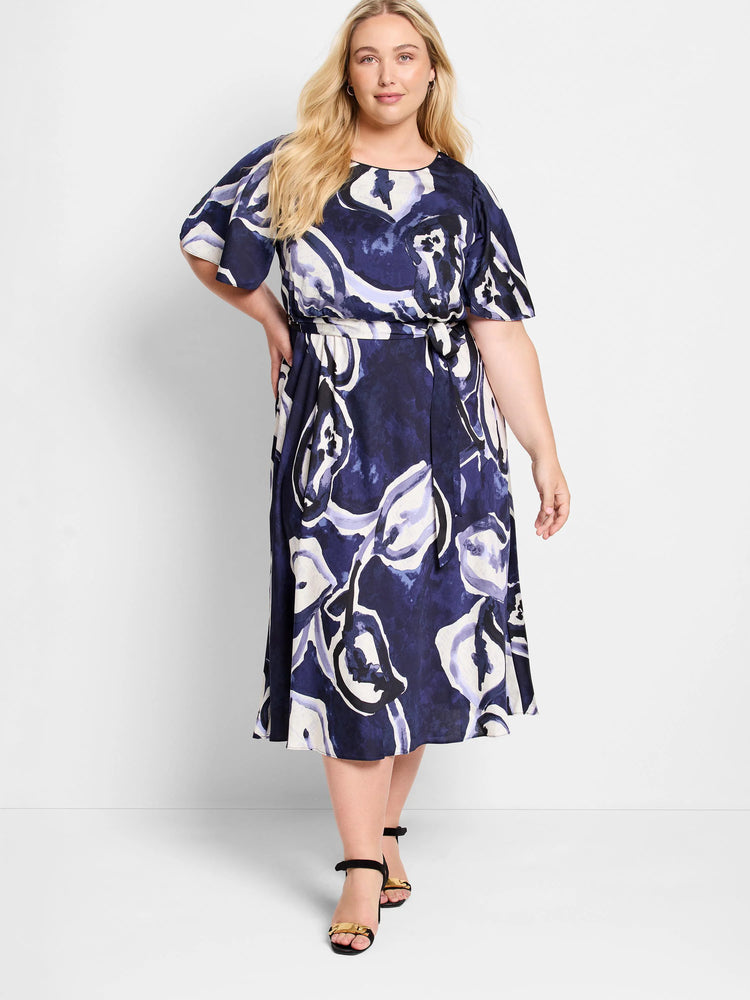 Midi dress, dark blue & off-white watercolor vine print, short flutter sleeves, belted waist.