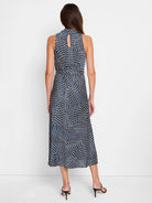 Midi dress, sleeveless, high neck, keyhole back.  Black, blue, and beige abstract print.