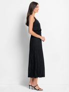 Black midi dress; sleeveless, V-neck, pleated, fitted bodice, elastic waist.