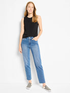 Black knit sleeveless tank with a rounded neckline.