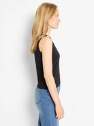 Black, sleeveless knit tank top with a simple scoop neck, shown in profile.