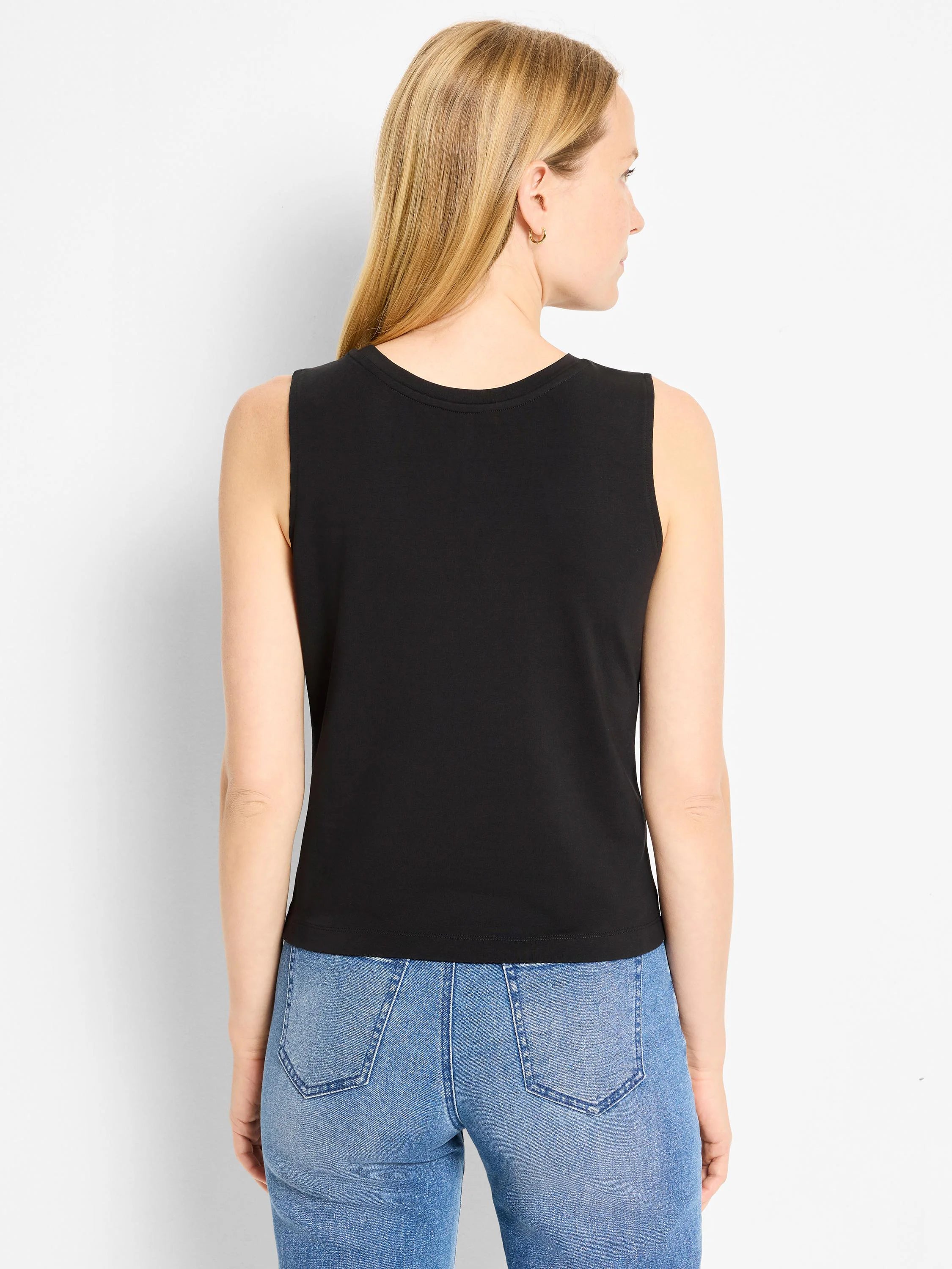 Black sleeveless knit tank with a round neck, viewed from the back.